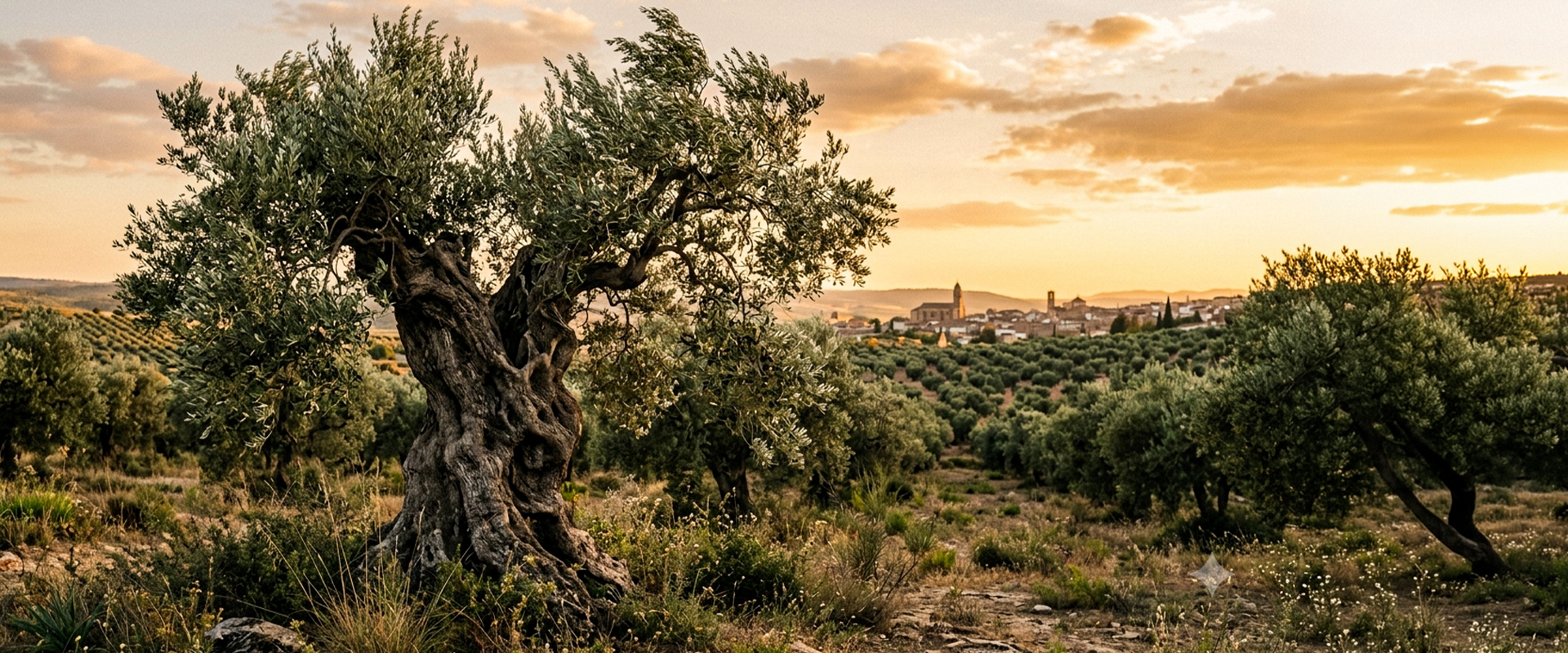 Olivo centenario de cultivo biodinámico y ecológico en la finca Zais Bio en Úbeda, Jaén, al atardecer