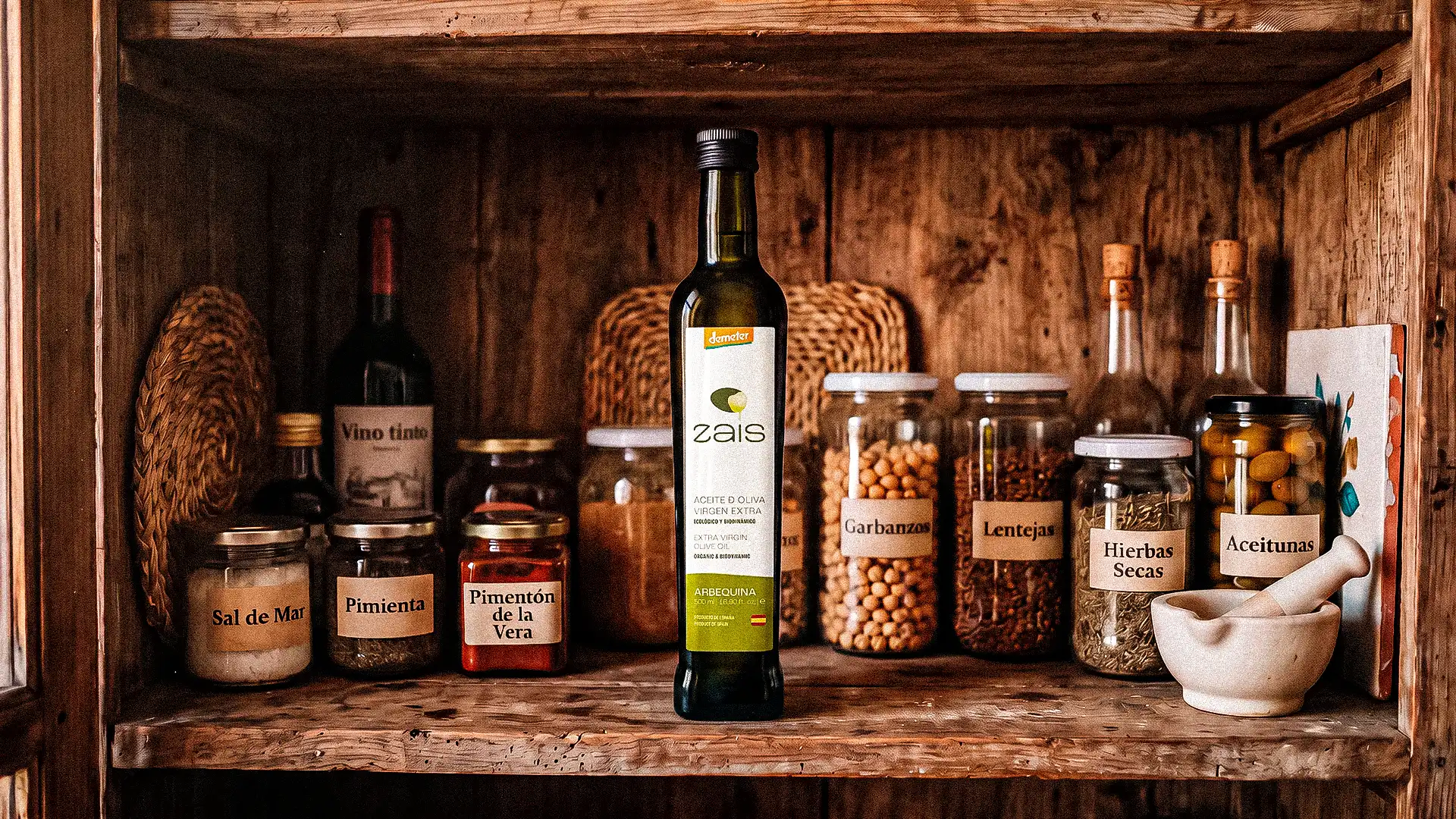 Botella de aceite de oliva virgen extra Zais Bio guardada en una alacena oscura para una correcta conservación
