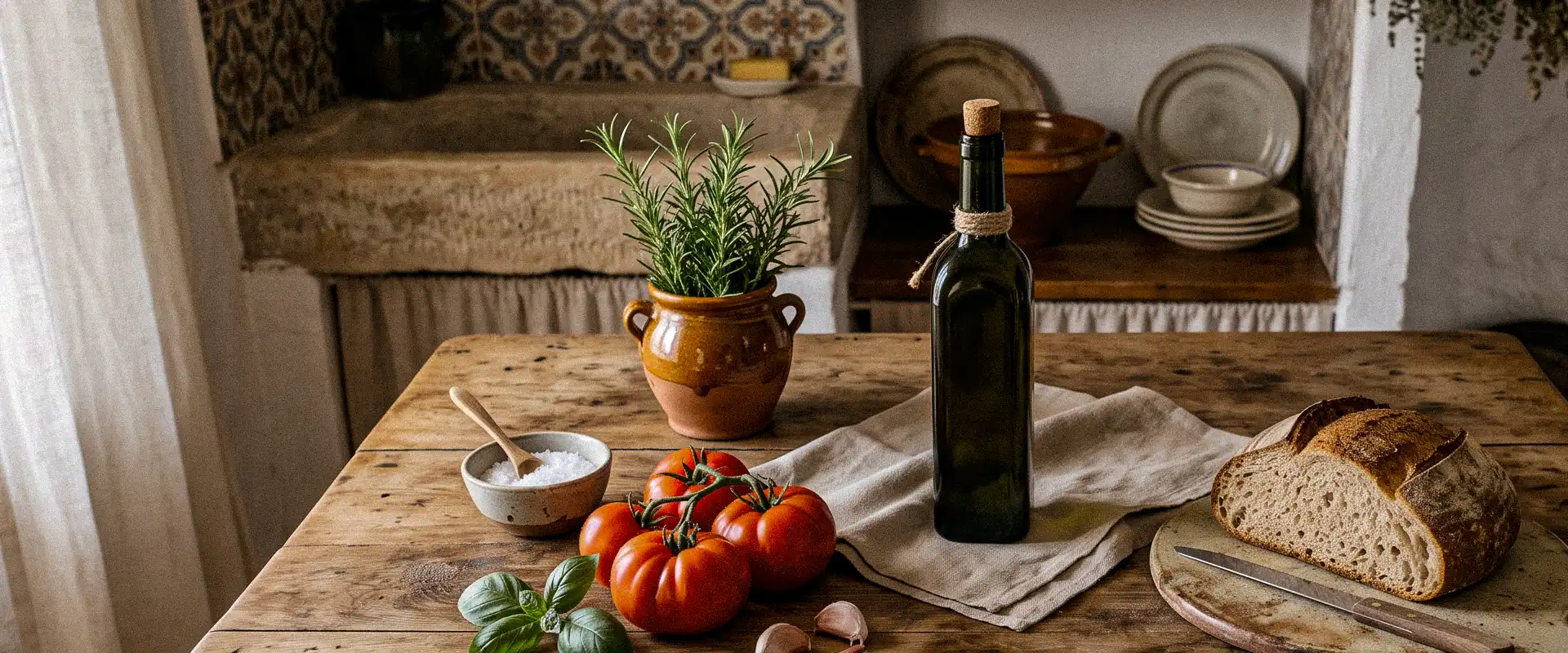 Botella de AOVE Zais Bio en una cocina mediterránea, alejada de fuentes de calor y luz directa