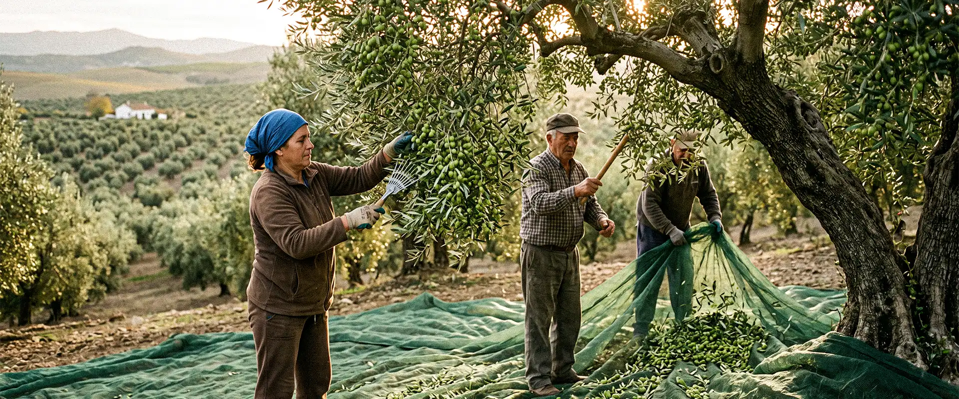 Recolección tradicional de aceituna verde para el aceite de cosecha temprana en la finca Zais Bio